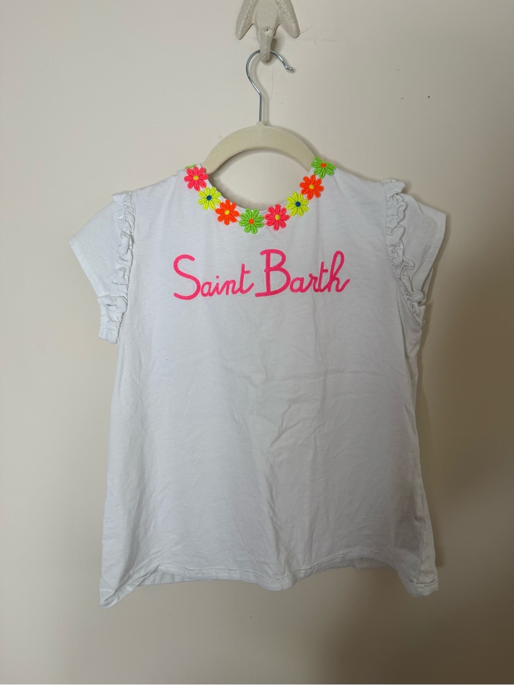 St Barth Girls' White Short Sleeve Embroidered Tee with Neon Floral Trim